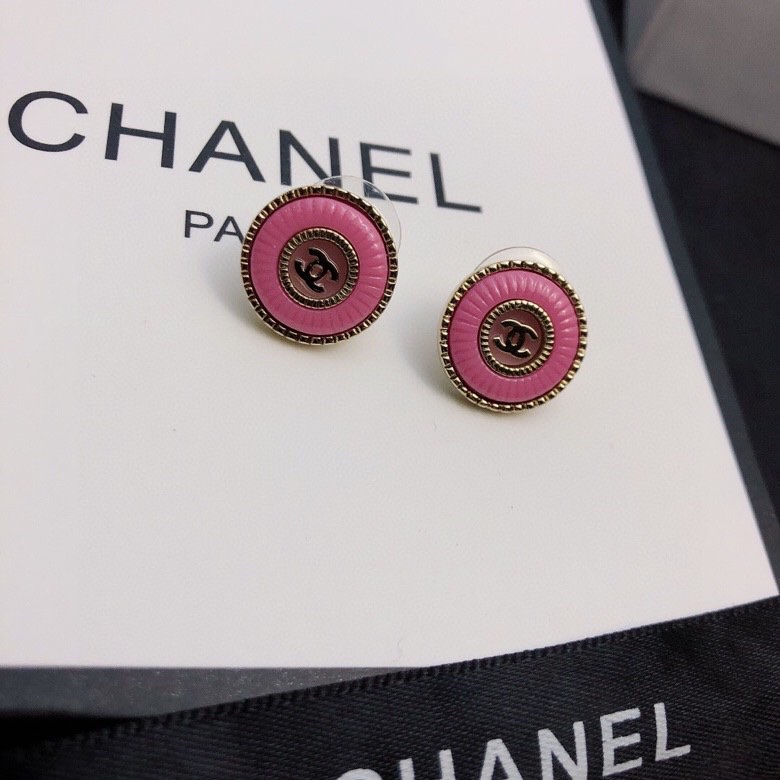 TOP CHANEL Double C Metal Round Stud Earrings - Pink
