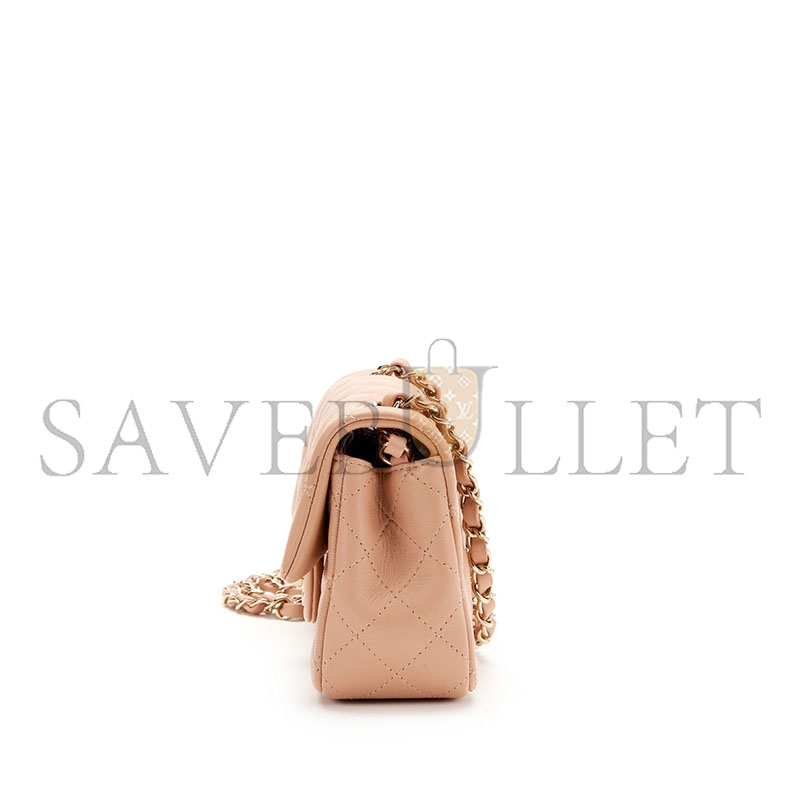 CHANEL LIGHT BEIGE QUILTED LAMBSKIN RECTANGULAR MINI CLASSIC FLAP GOLD HARDWAR AS1116 (20*12*6cm)