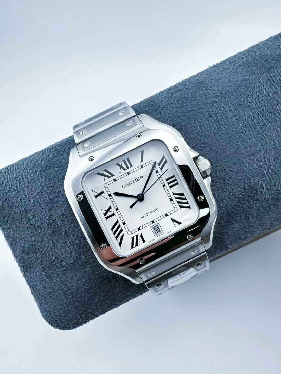 Square Automatic Mechanical Wrist Watch for Men, Roman Numeral White Dial Date Display Polished Stainless Steel Bracelet Luxury Business Casual Wristwatch
