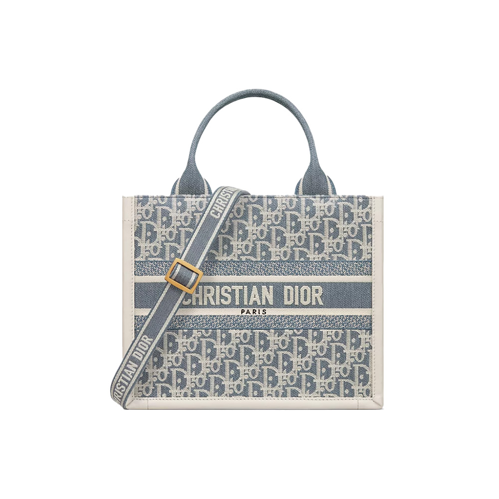 Dior Small Dior Book Tote Blue Dior Oblique Chambray Embroidery and Latte Calfskin（10A Mirror Version）