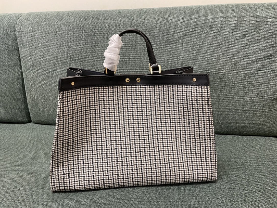 TOP FENDI Thousand Bird Checkered Sheepskin Material Peekaboo X-Tote Bags - 41x16x29.5cm - GHW&Apricot