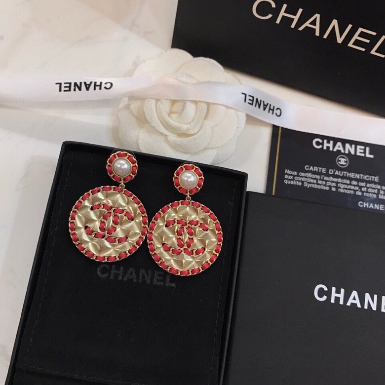 TOP CHANEL Double C Metal Leather Round Stud Earrings - 3 Colors