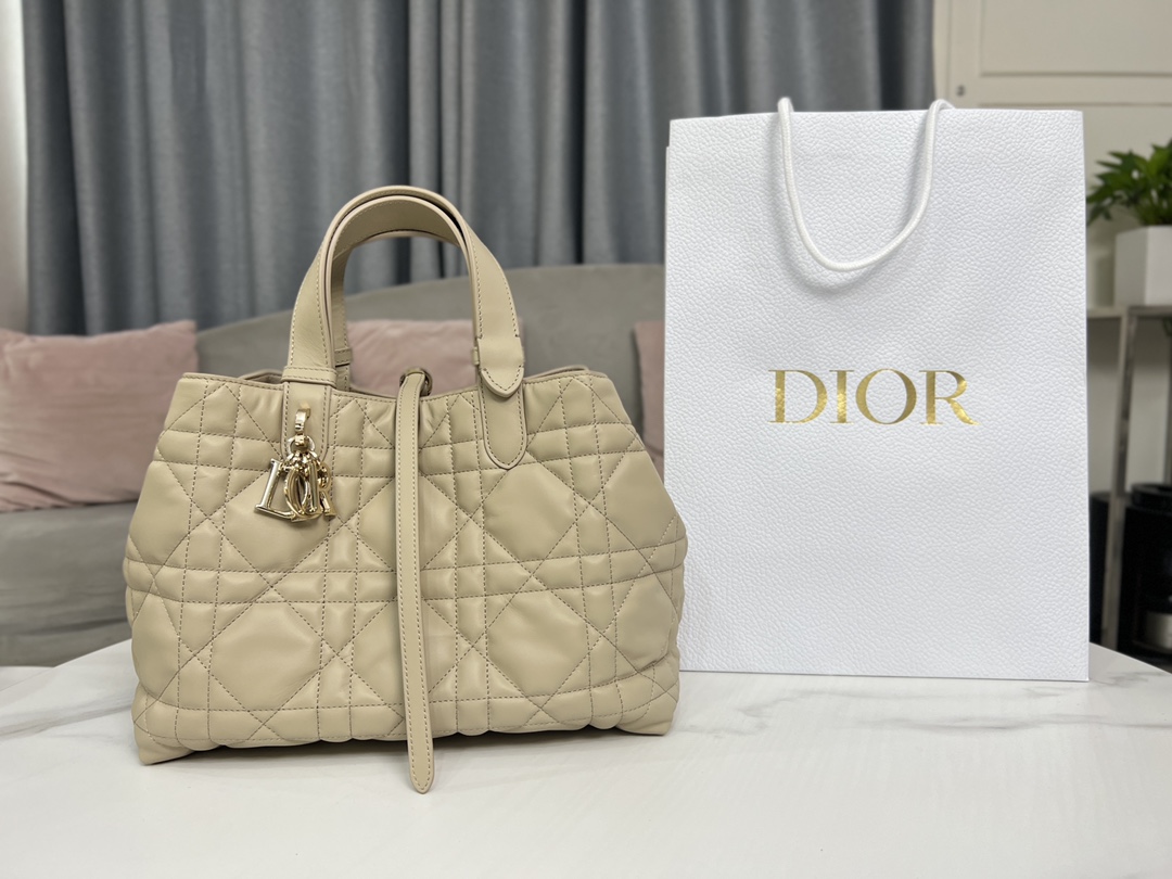 TOP Christian Dior Toujours Handbag Cow Leather 23x15x15cm/28x19x21.5cm - Apricot