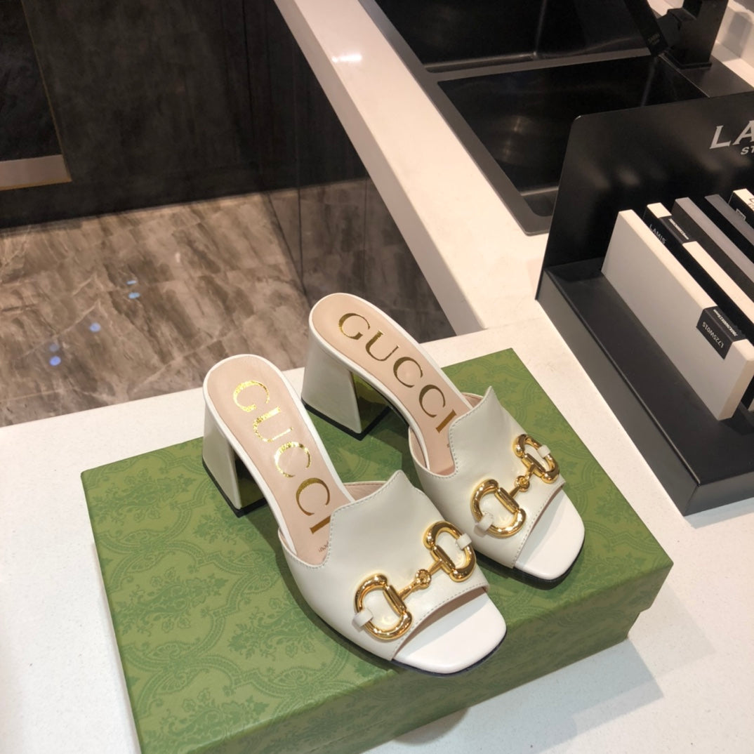 TOP GUCCI G*G Horsebit Slide Sandal Block Heels - White