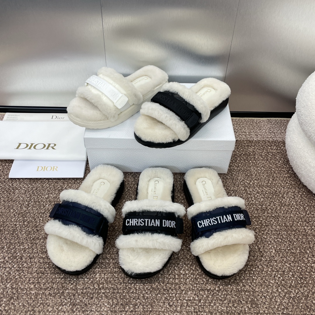 TOP Christian Dior IVIERA EVOLUTION Embroidery LOGO Leather Thick Bottom Fur Slippers - 5 Color
