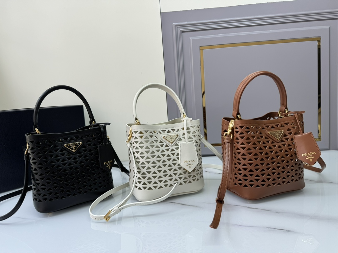 TOP PRADA Saffiano Hollow Bucket Bag Calfskin 18×17×10.5 cm - 3 Color