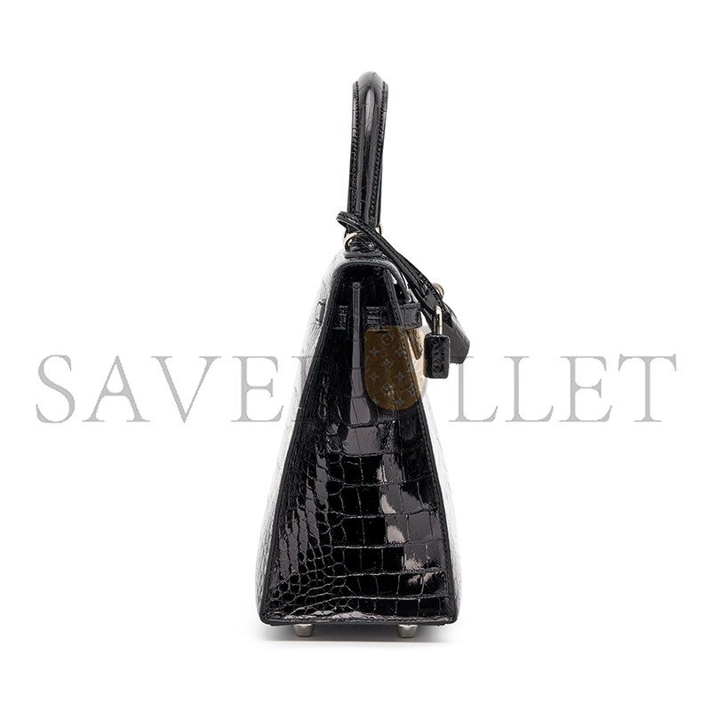 HERMÈS BLACK SHINY ALLIGATOR KELLY 25 SELLIER PALLADIUM HARDWARE (25*17*7cm)