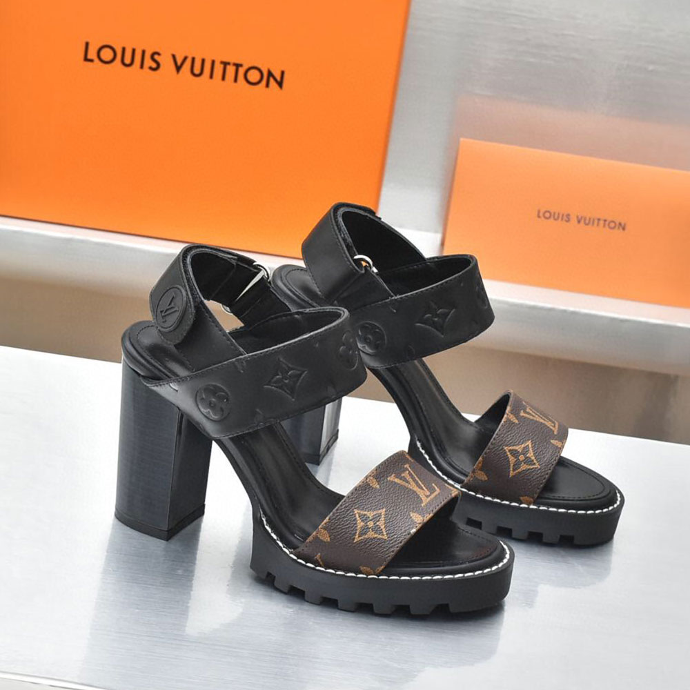Louis Vuitton LV Leather Chunky Heel Velcro Slide Sandal (Replica)