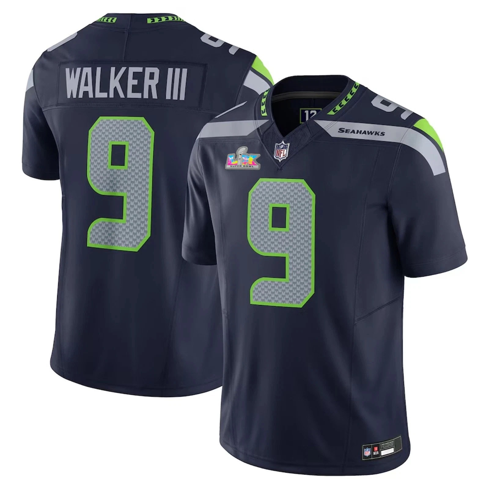 Men's Seattle Seahawks #9 Kenneth Walker III Super Bowl LX Patch Game Stitched Jersey