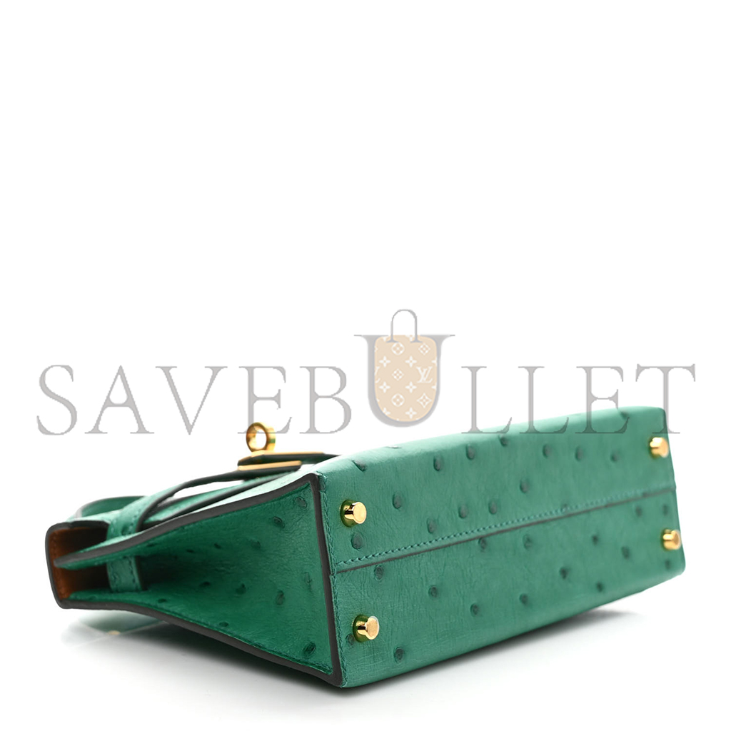 HERMÈS OSTRICH HORSESHOE KELLY SELLIER MINI 20 VERT VERTIGO GOLD (19*12*5.5cm)