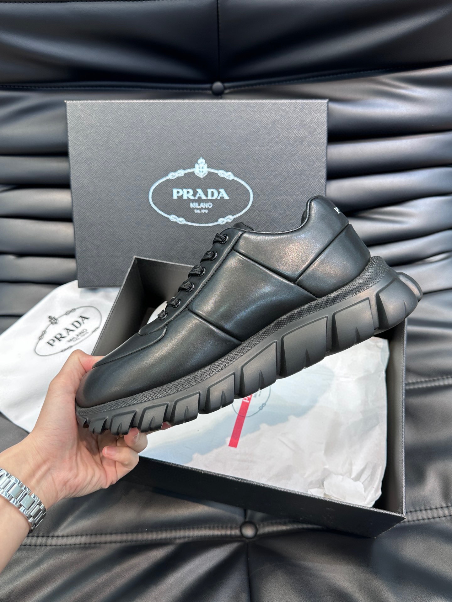 PRADA Unisex Black Leather Chunky Tire Sole Sneakers, Triangle Logo Height-increasing Casual Shoes