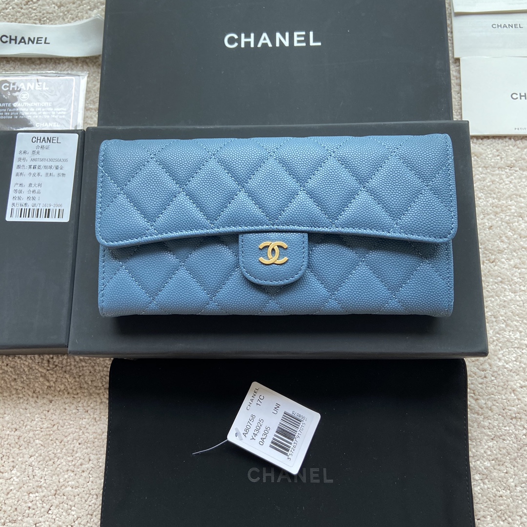TOP CHANEL Long Folding Caviar Wallet 19×10.5×3cm - Blue