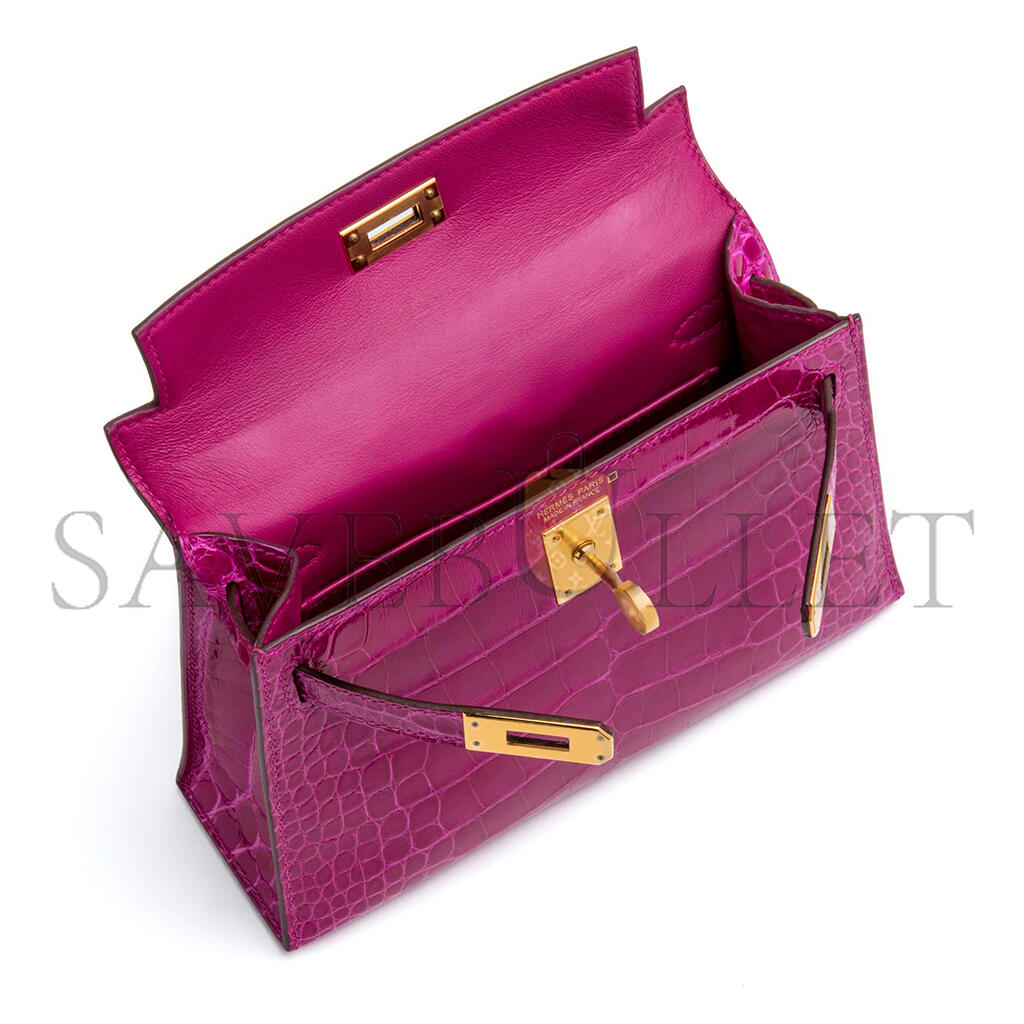 HERMES\HERMÈS MINI KELLY II GLOSSY ALLIGATOR ROSE (19*12*5.5cm)