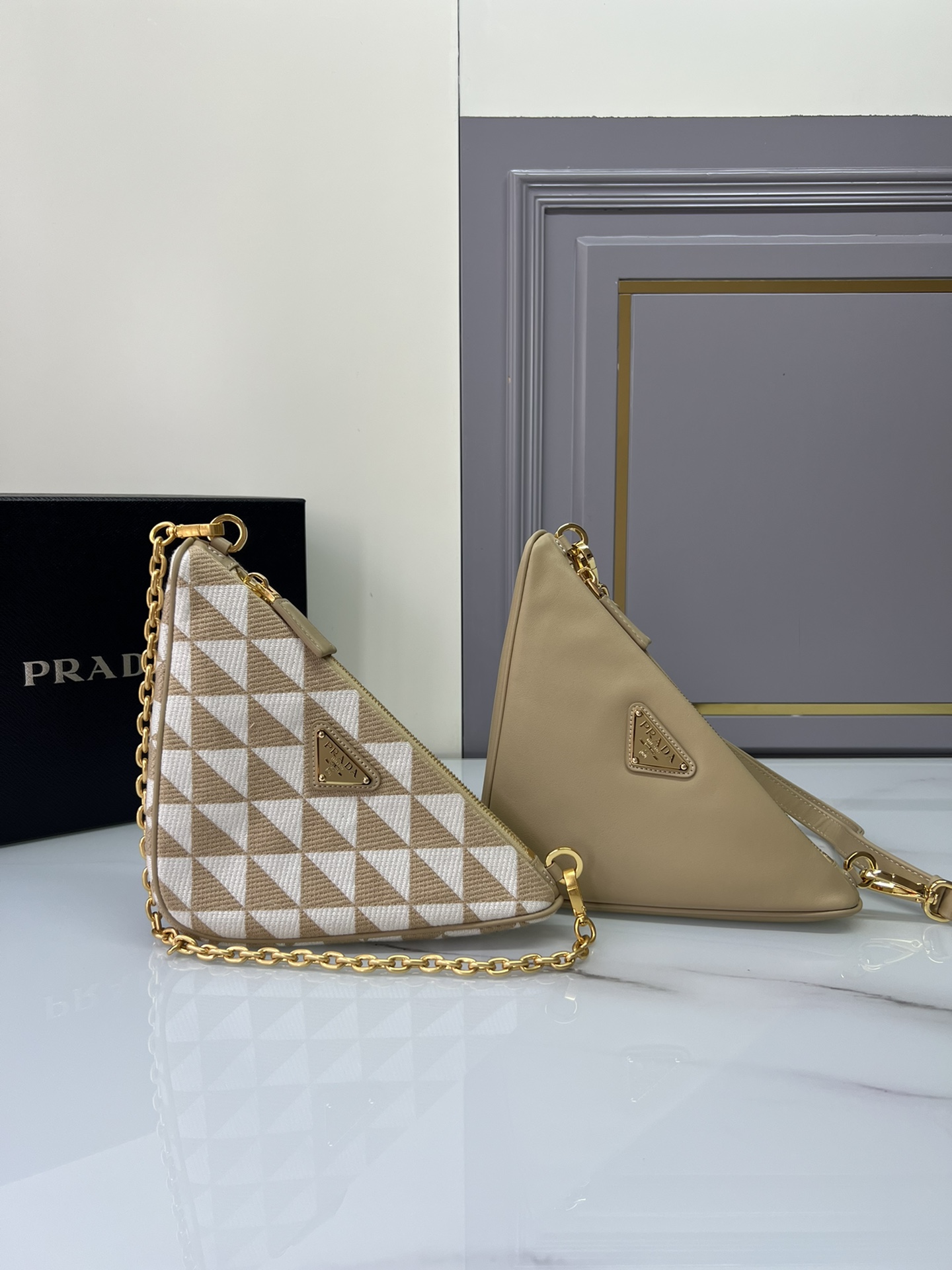 TOP PRADA Symbole 2 Triangle Bags Calfskin/Embroidered Fabric Material 23x25x5cm - 4 Color
