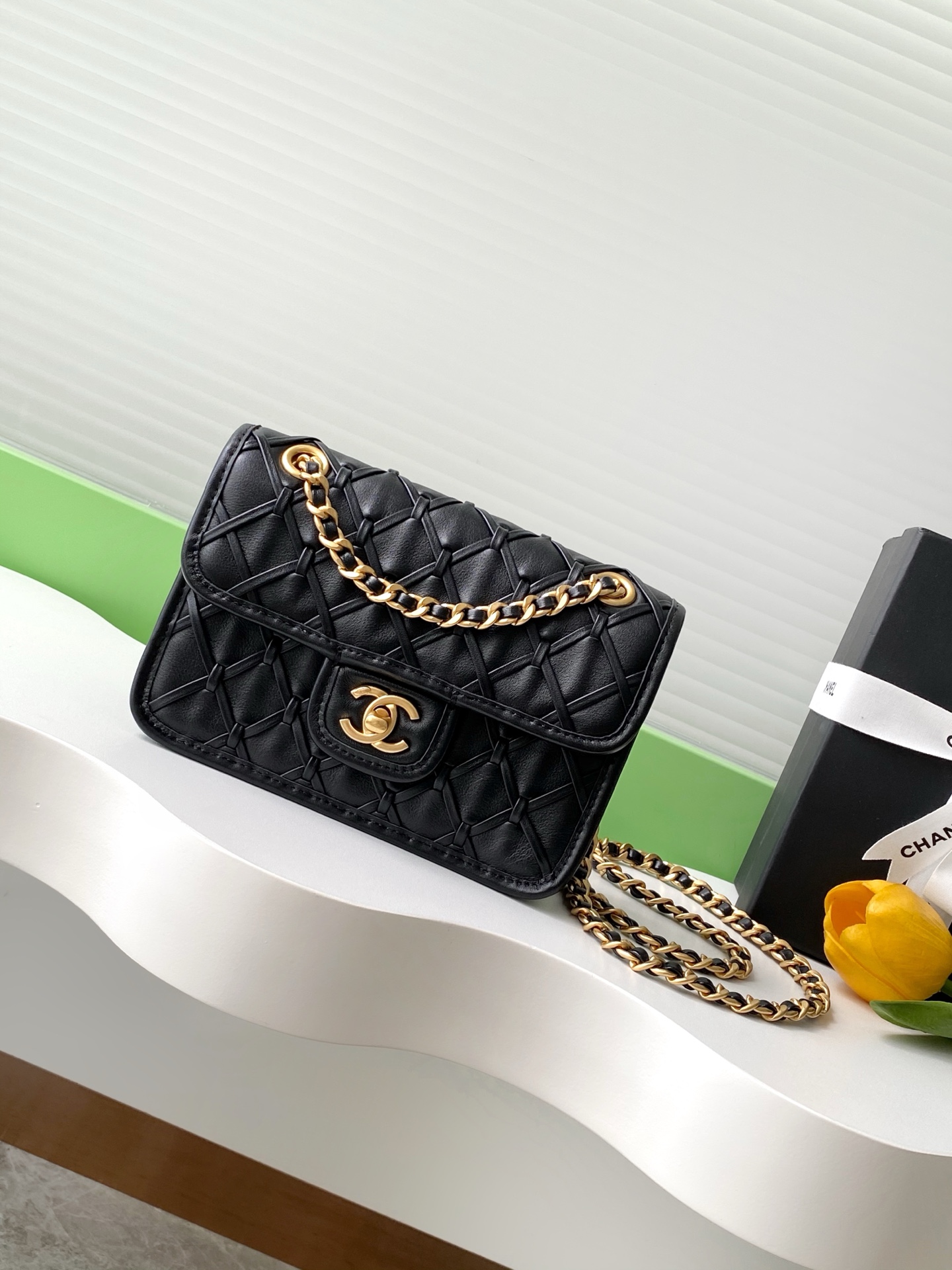 TOP CHANEL Flap Bag Leather Bag 13-19-5.5cm /15-25-8cm- Black
