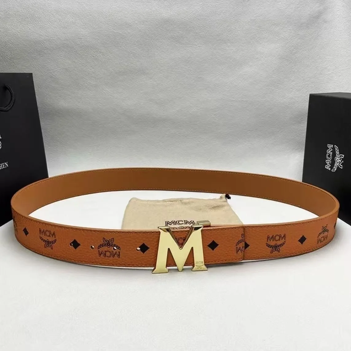 AAABELT Men Women Printed Leather Belt, Letter M Metal Automatic Buckle Casual Waist Belt