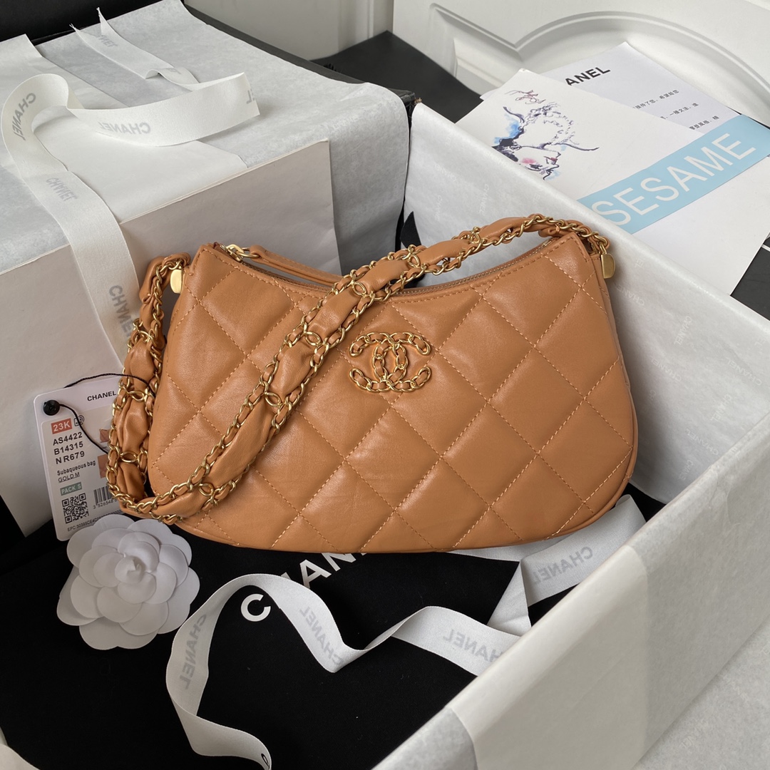 TOP CHANEL Hobo 23khobo Wrinkled Cowhide Bag - GHW&Brown - 13.5×23.5×5.3cm/12×20.5×4.5cm