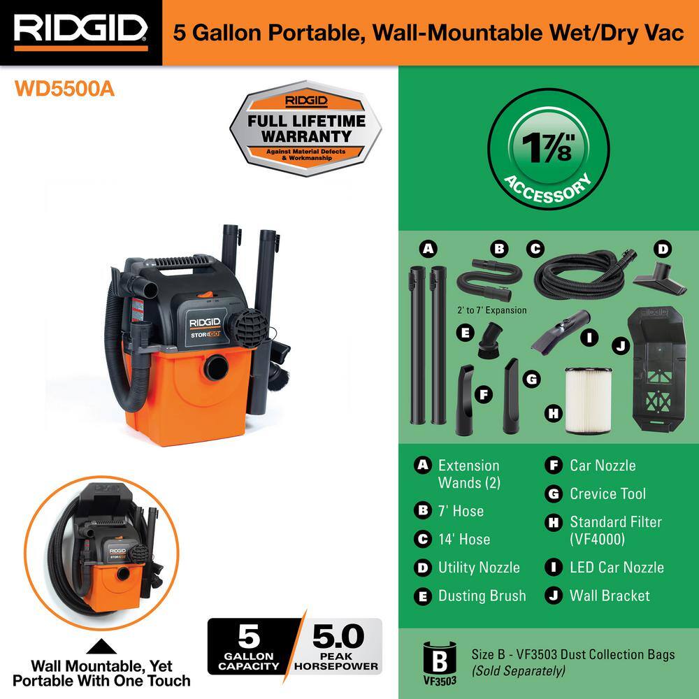 5 Gal. 5.0 Peak HP Portable Wall Mount Shop Vac Wet Dry Vacuum with Filter, 2 Locking Hoses, Accessories and LED Nozzle