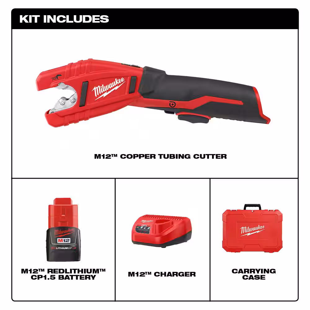 M12 12V Lithium-Ion Cordless Copper Tubing Cutter Kit with 1.5 Ah Battery, Charger and Hard Case w/M12 3/8 in. Ratchet