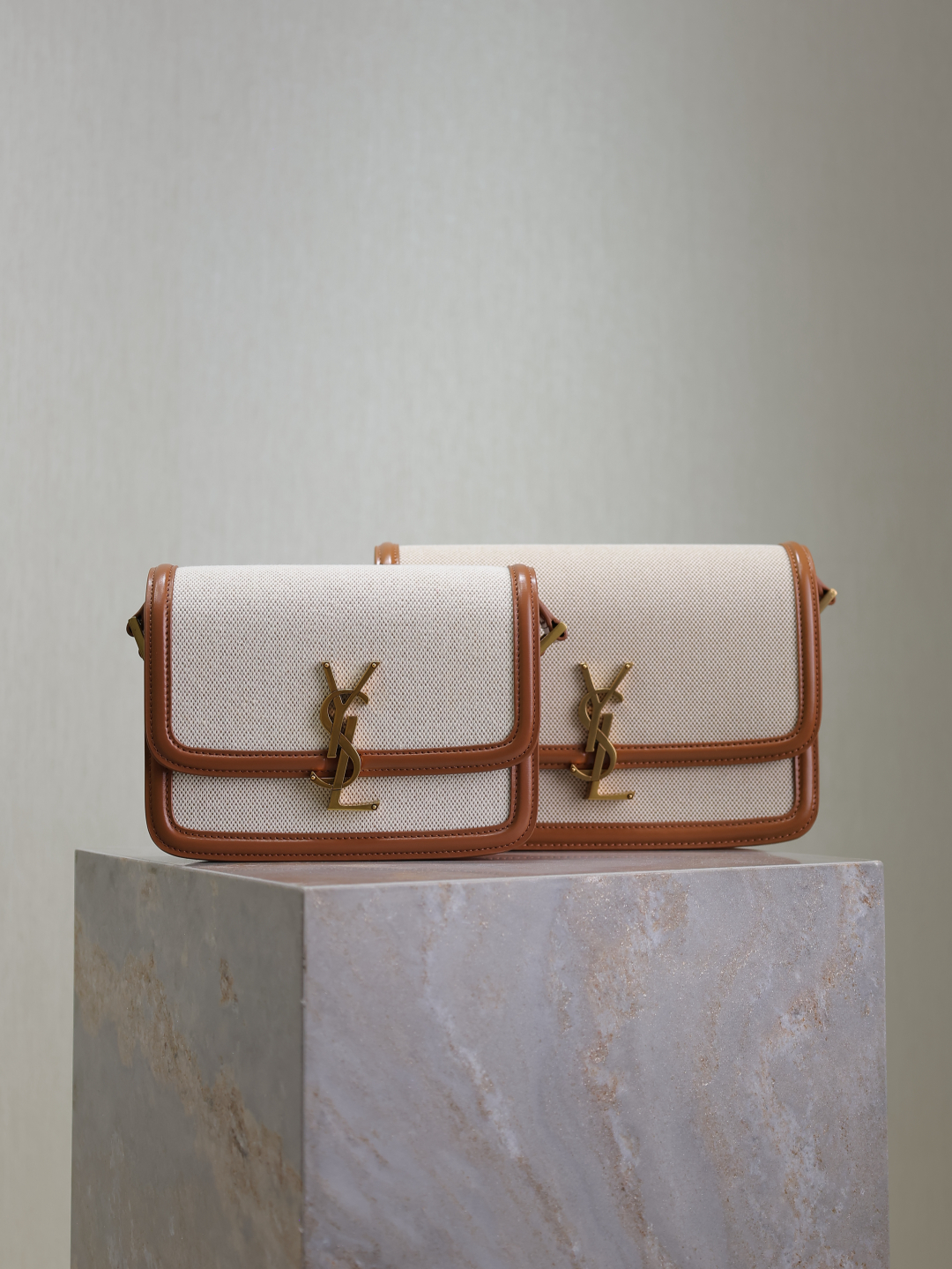 TOP Yves Saint Laurent YSL Solferino Bags Cowhide with Cotton and Linen 19/23cm - Brown/White&GHW