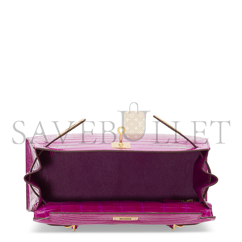 HERMÈS A SHINY ROSE SCHÉHÉRAZADE NILOTICUS CROCODILE SELLIER KELLY 28 WITH GOLD HARDWARE (28*22*10cm)