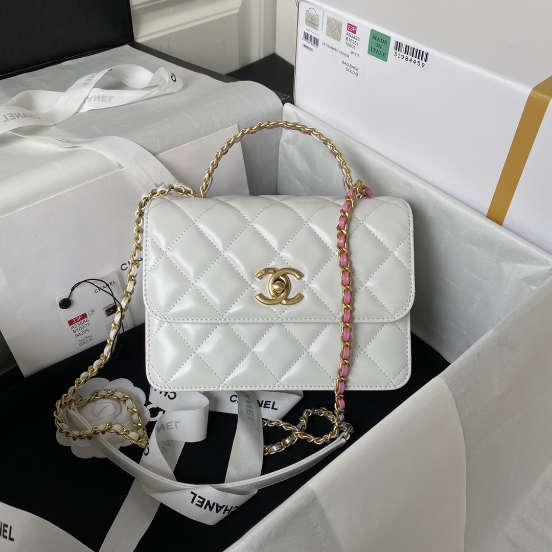 TOP CHANEL Mini CoCo Handle Bag 20X14X7.5cm - White & GHW