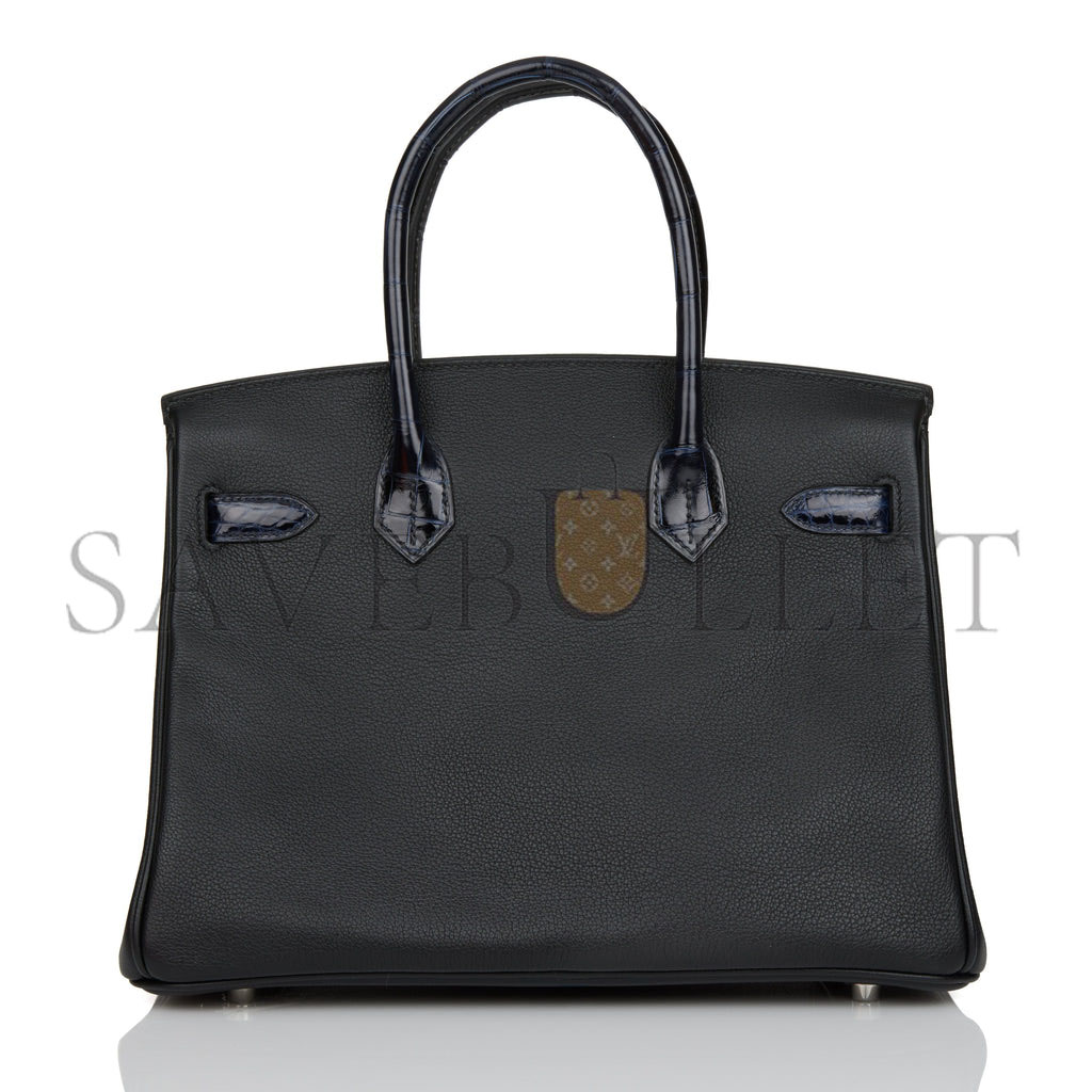 HERMES MASTER BIRKIN 25 BLEU MARINE SHINY NILOTICUS CROCODILE PATTERN AND BLACK NOVILLO TOUCH PALLADIUM HARDWARE (25cm)