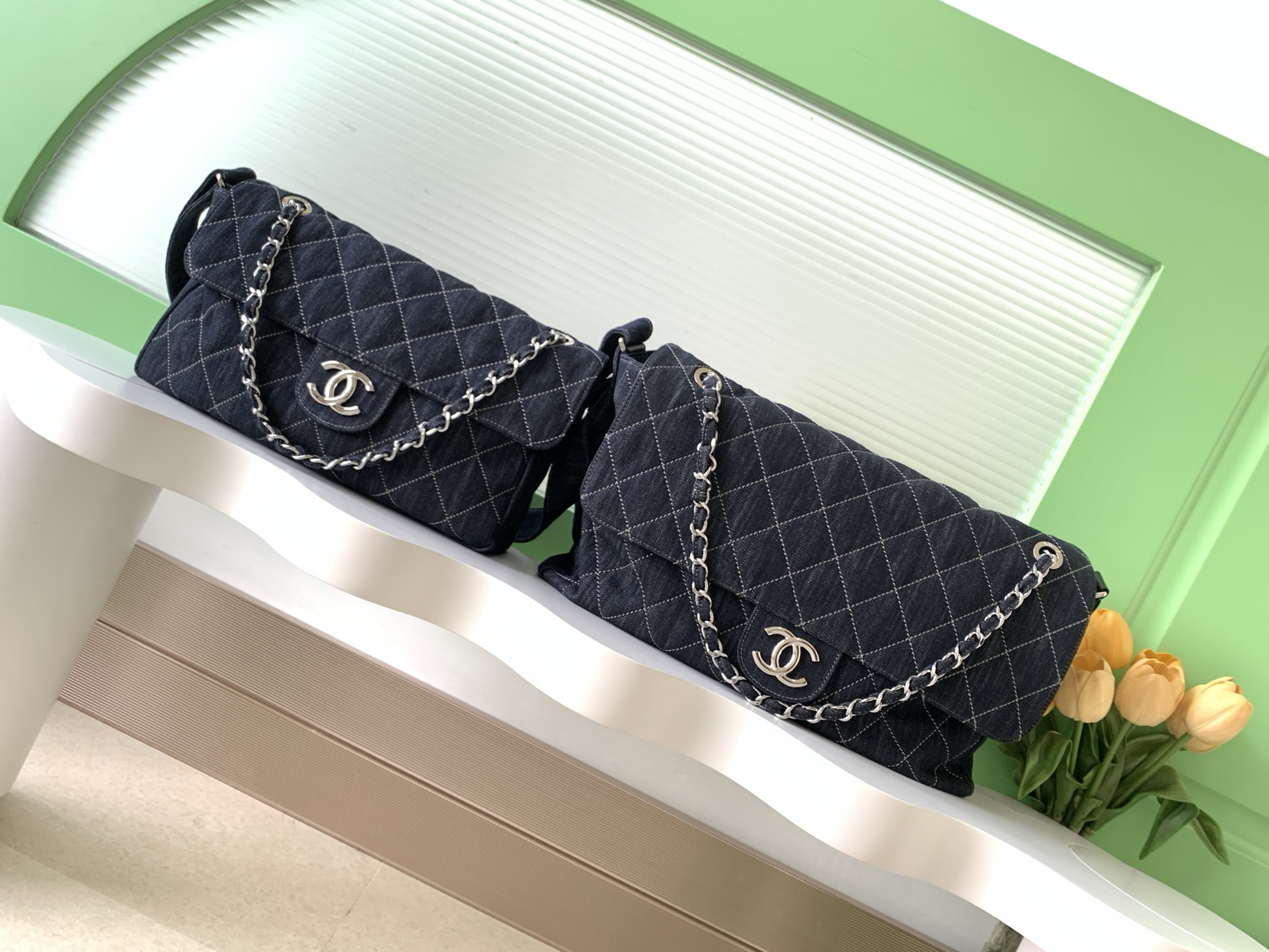 TOP CHANEL Classic Denim Flap Bag 30-40-11cm /22-34-10cm - Blue