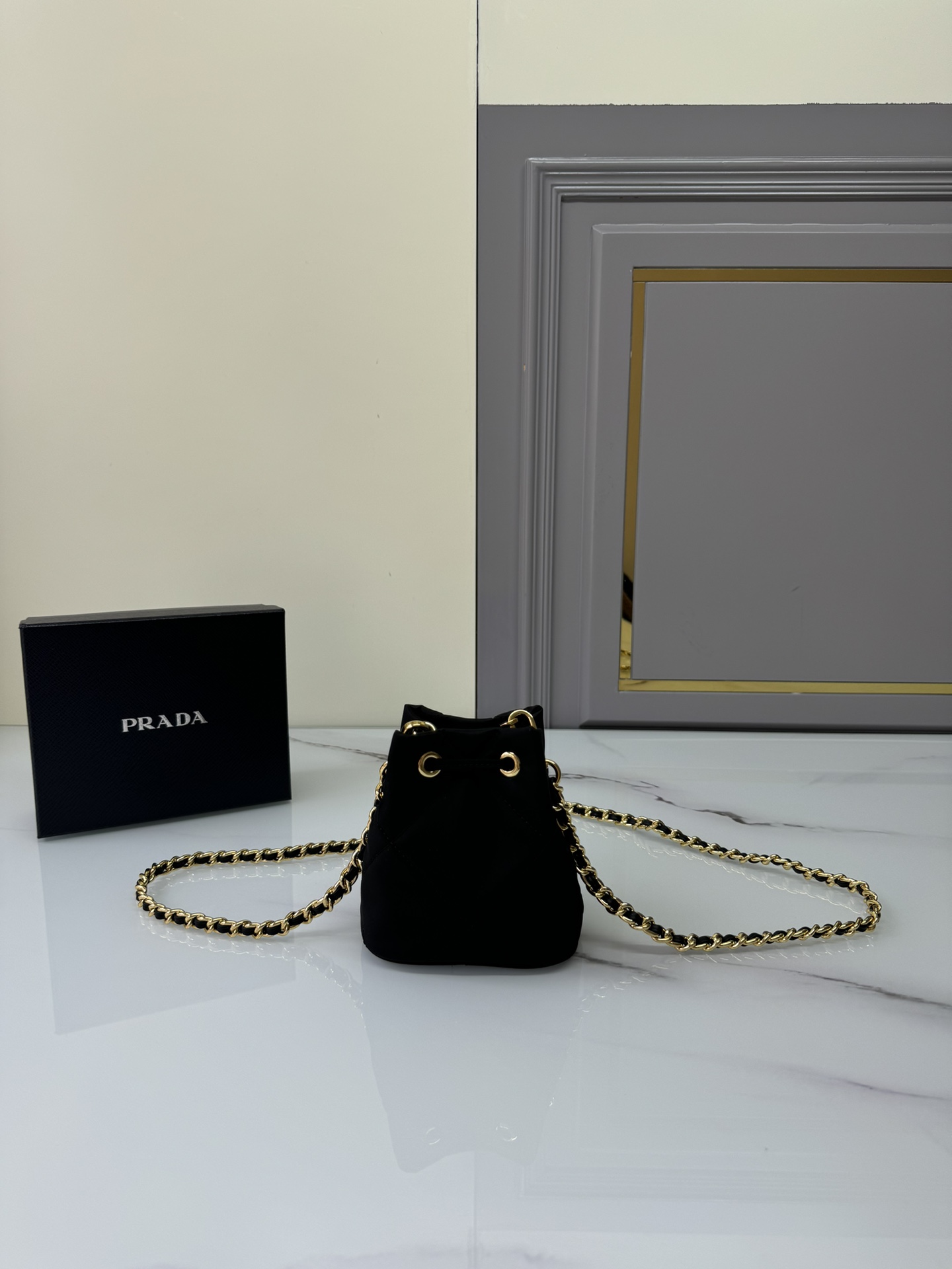 Top PRADA Embroidered Checked Bucket Bag 10x12x7cm - Black