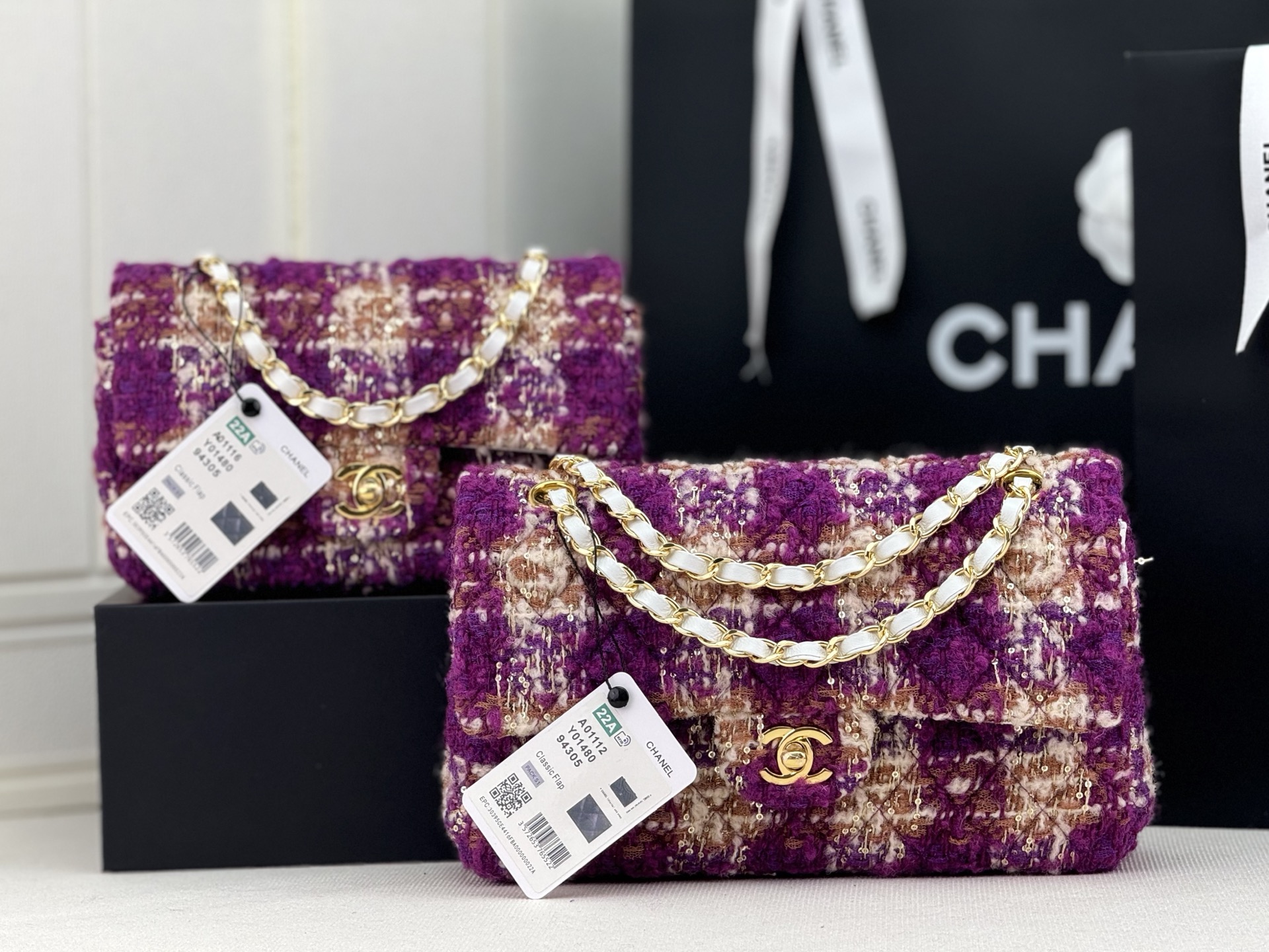 TOP CHANEL Wool Tweed Flap Bag 20cm/25cm - Purple