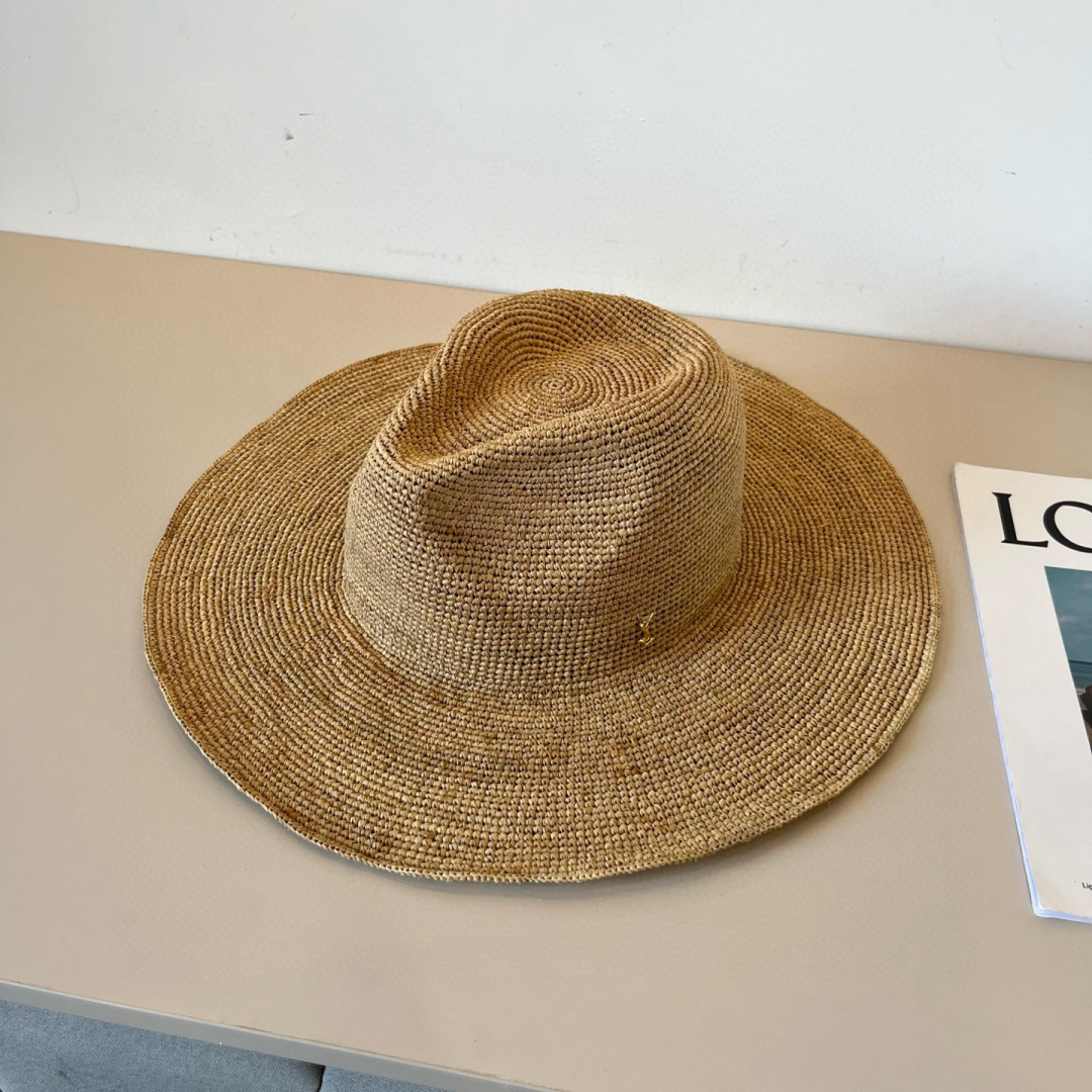 TOP Yves Saint Laurent YSL Raffia Basin Hat - Beige