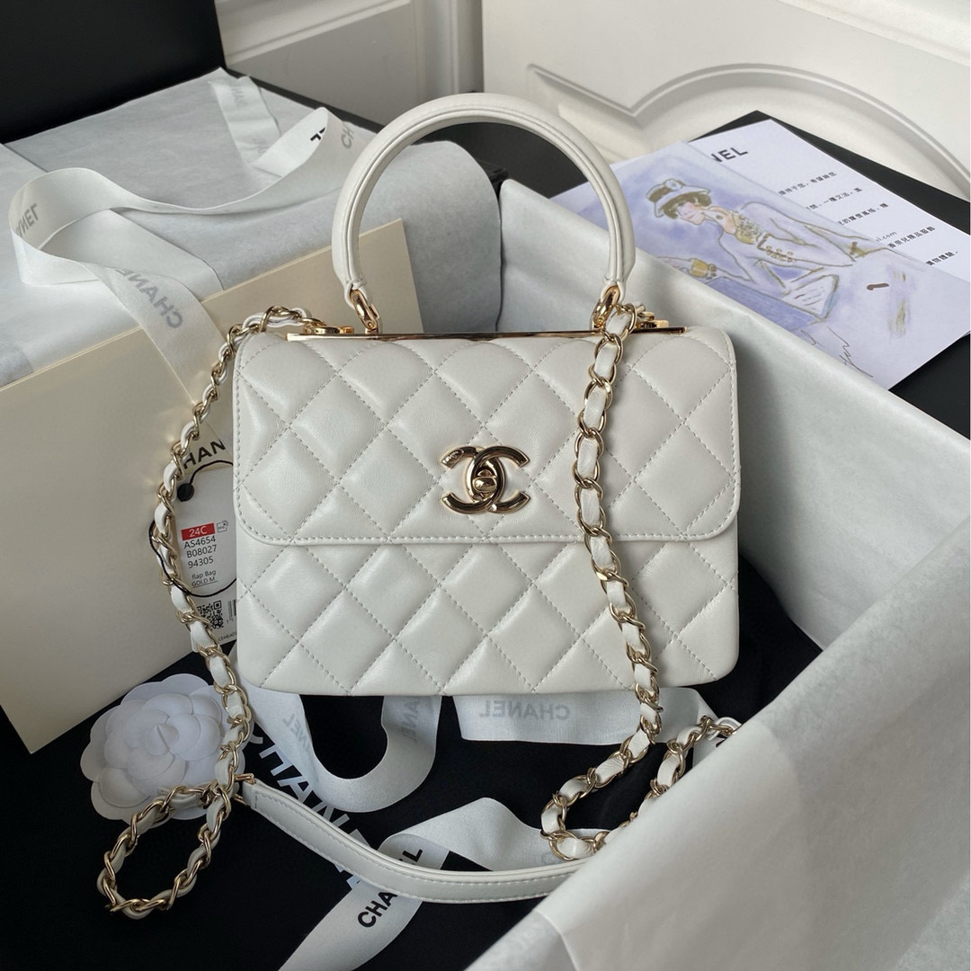 TOP CHANELHandle Trendy Bag Quilt 20cm/25cm - Off White & GHW