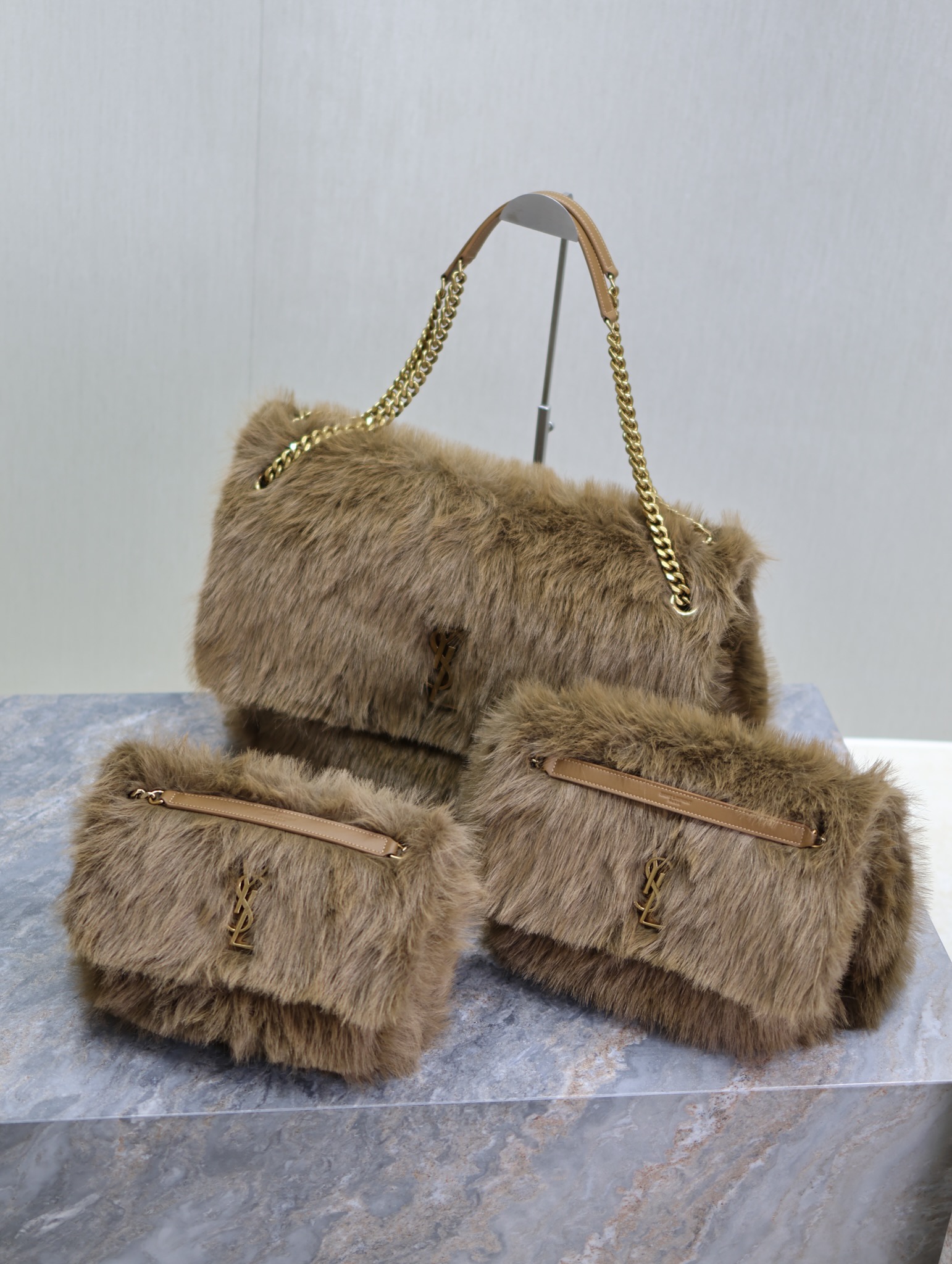 TOP Yves Saint Laurent YSL Rabbit Fur Niki Bags - 3 Sizes-2 Colors