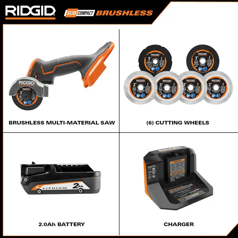 18V SubCompact Brushless Cordless 3 in. Multi-Material Saw Kit with (6) Cutting Wheels, 2.0 Ah Battery, and 18V Charger