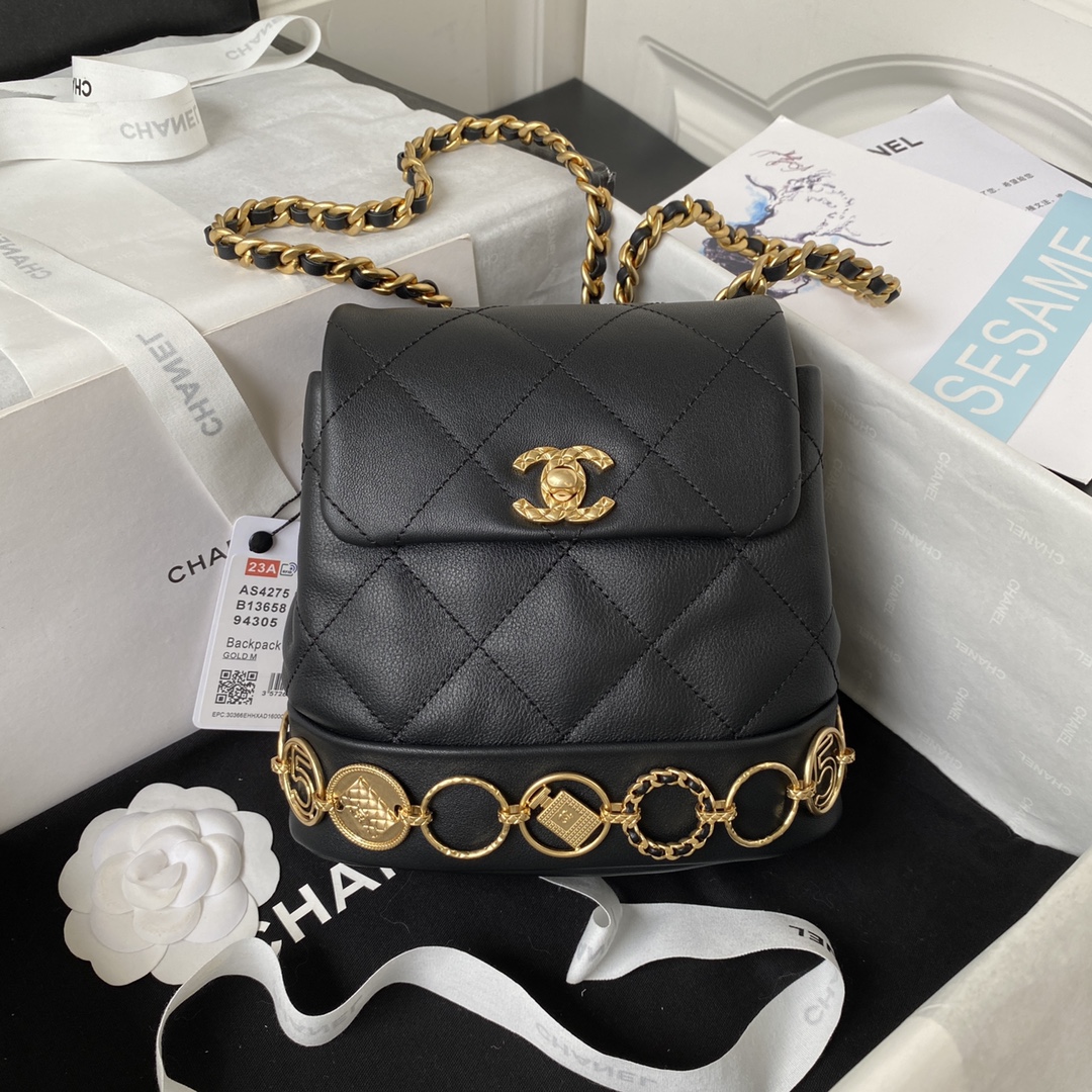 TOP CHANEL 23b Gold Coin Backpacks - 18X18X8cm - GHW - White/Black