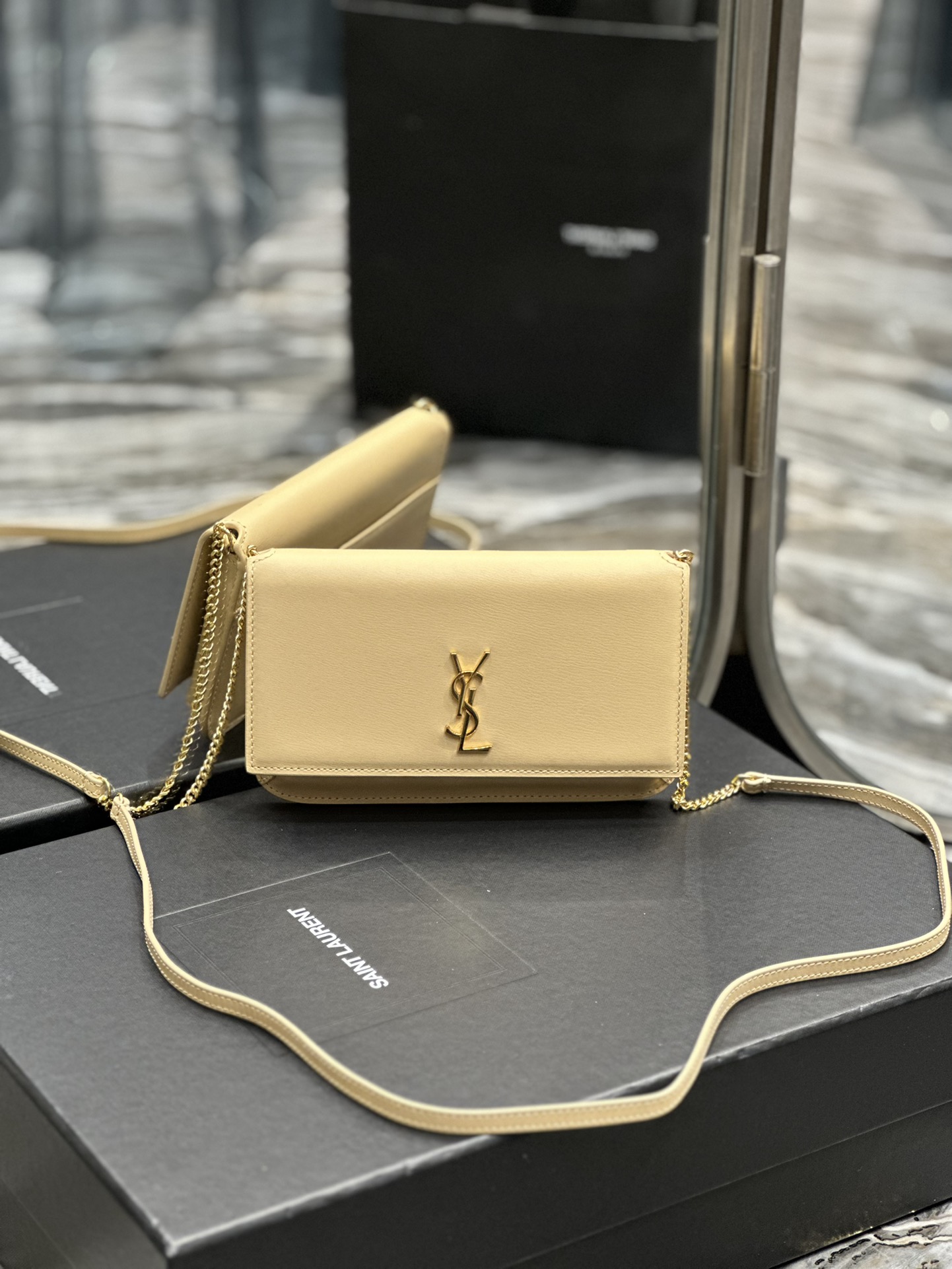 TOP Yves Saint Laurent YSL Monogram Phone Holder MINI Bag - Apricot & GHW - Hand Rubbing