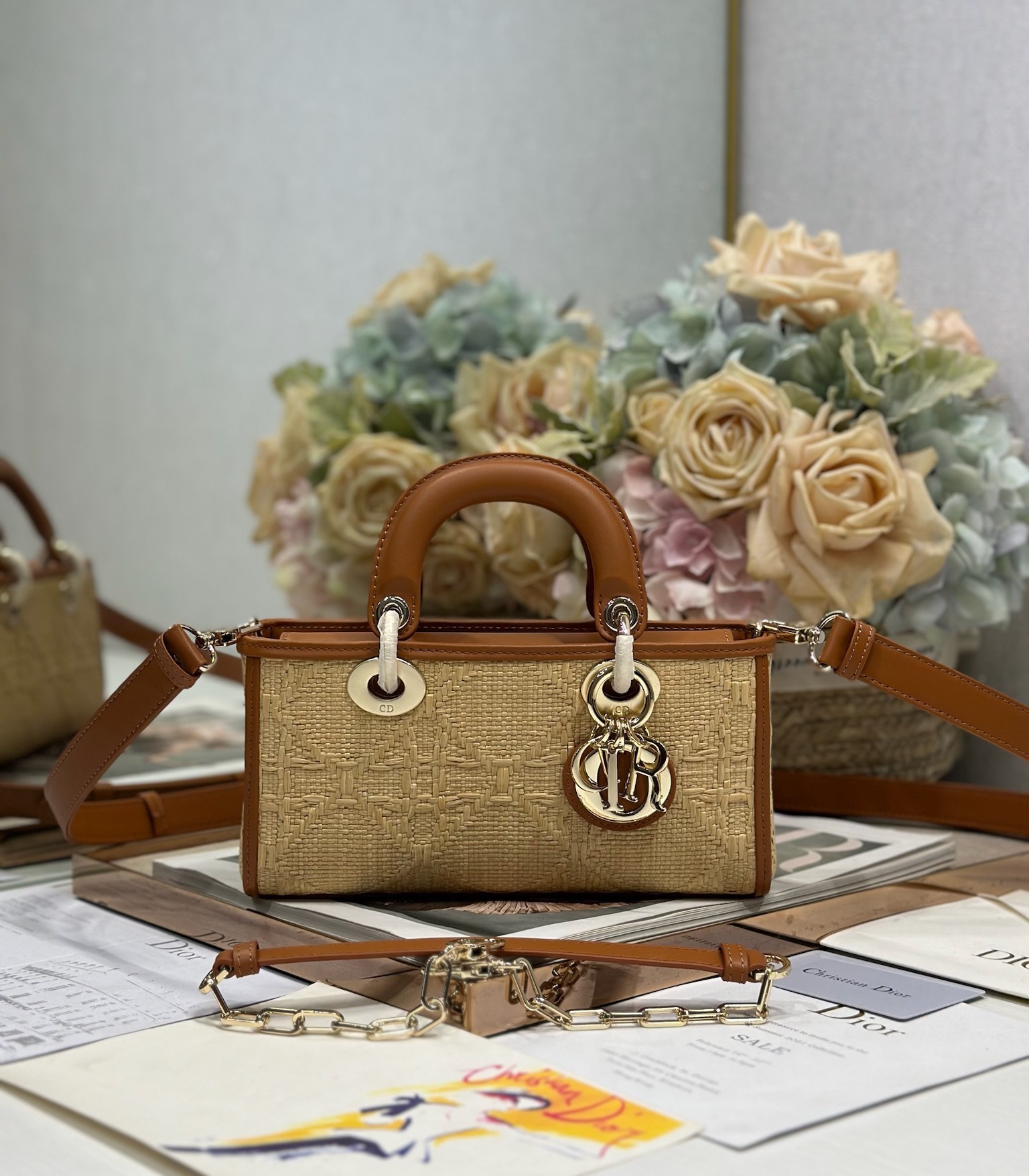TOP Christian Dior Lady D-Joy Bag Weaving 22.5×5.5×12cm - Beige