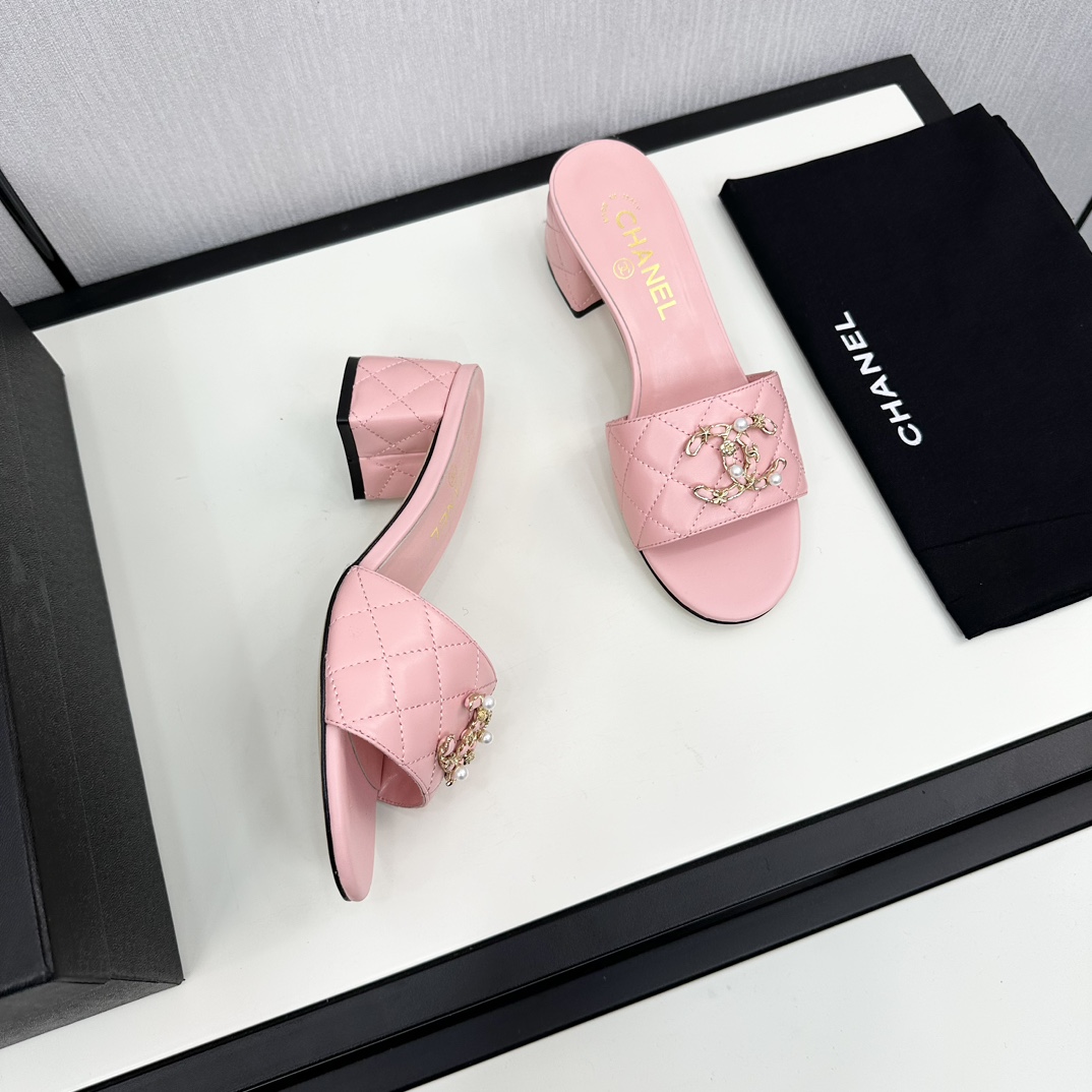 TOP CHANEL High Heel Slippers with CC Logo - 7 Color
