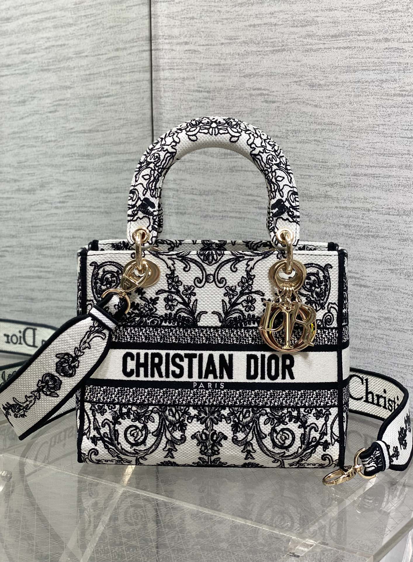 TOP Christian Dior Embroidered Lady Bag 24x11x20cm - Black And White