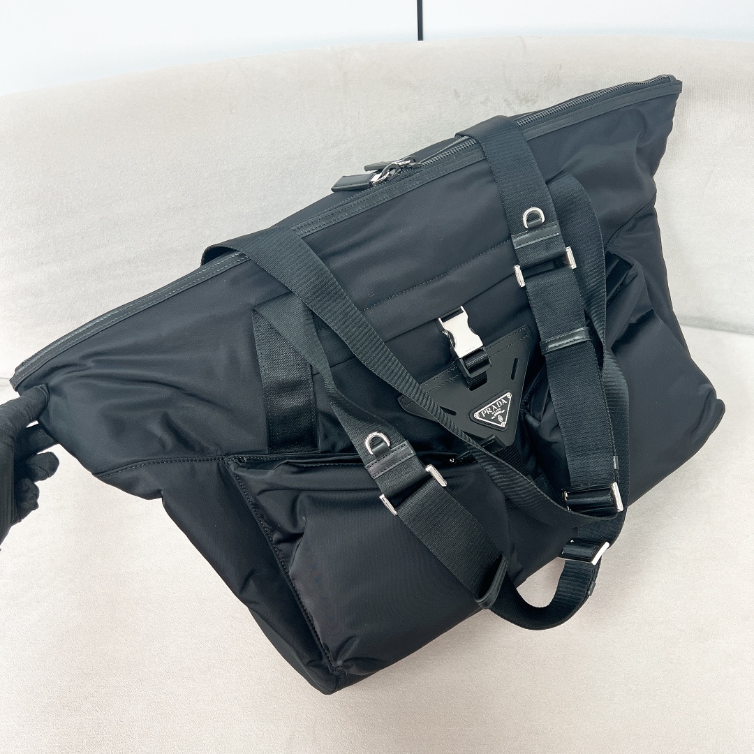 TOP PRADA Re-Nylon and Leather Travel Bag  40 × 44.5× 24 cm-Black