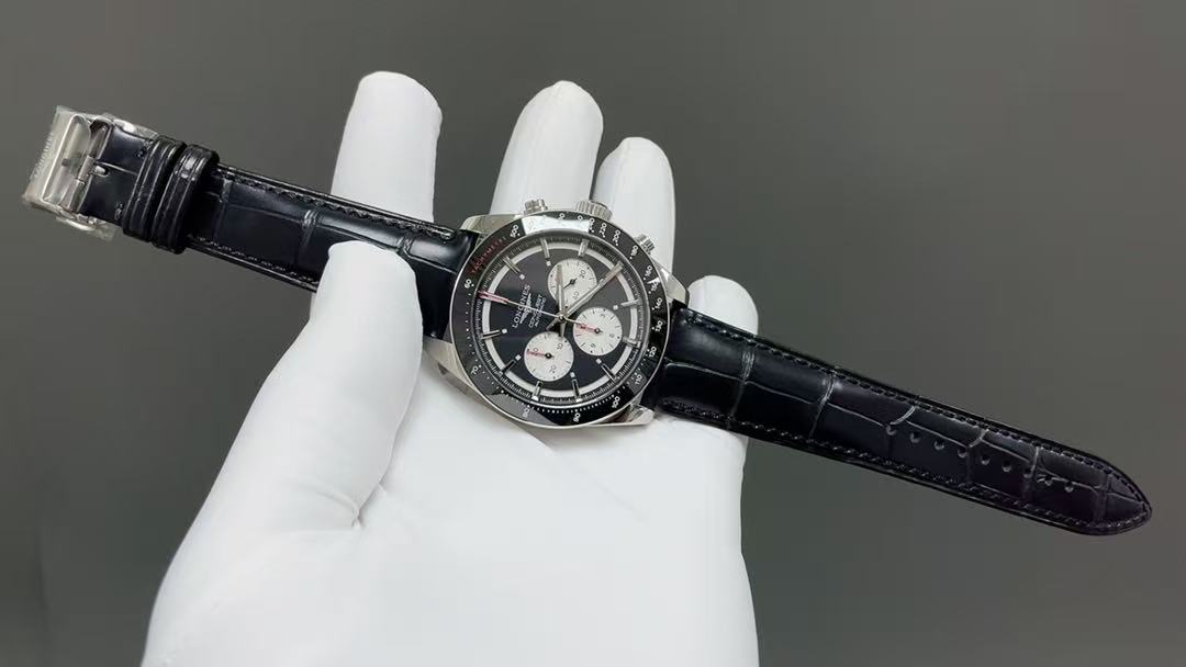 Longines Conquest Automatic Chronograph Watch, Men's Black Dial Crocodile Leather Strap Wristwatch