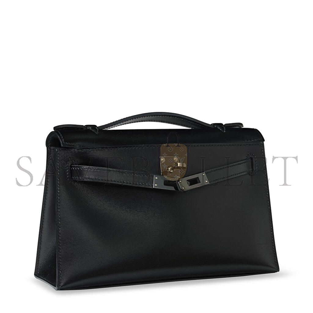 HERMÈS BLACK BOX LEATHER SO BLACK KELLY POCHETTE WITH PVD HARDWARE (22*14*7cm)