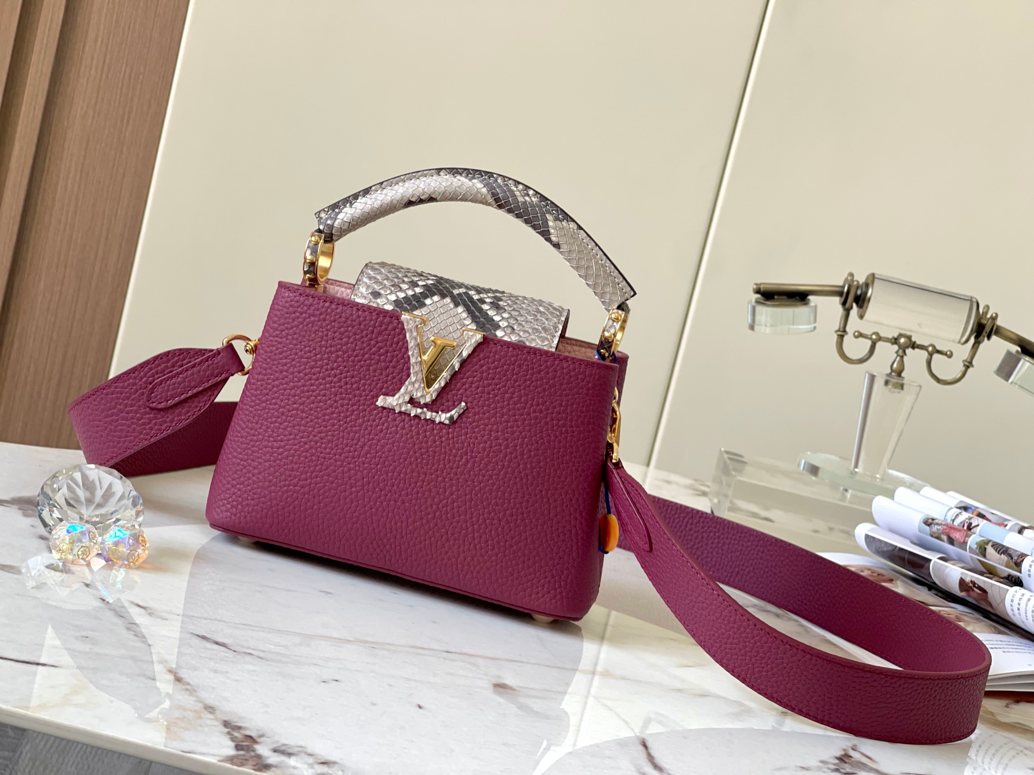 TOP Louis Vuitton LV Capucines Bag 2 Sizes - Purple with Paris Pink Python Gold Buckle