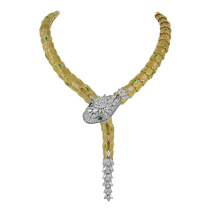 TOP BVLGARI Diamond and Emerald Eyes Serpenti Necklace+Bracelet Set-Yellow Gold