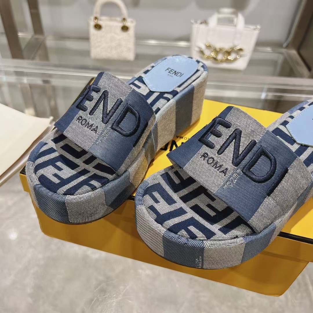 TOP FENDI FF Logo Slippers - Denim