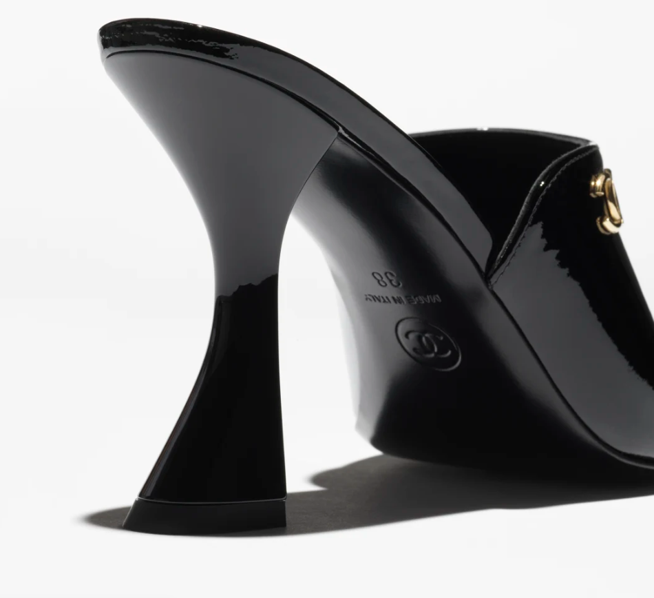 TOP CHANEL Glossy High Heel Sliders - Black