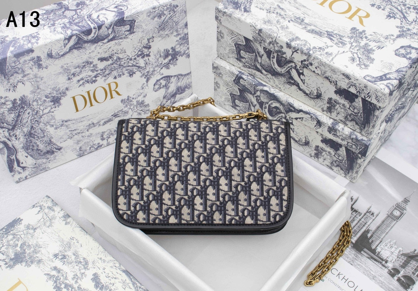 TOP Christian Dior Shoulder Flap Bag Oblique Canvas Chain - BLUE