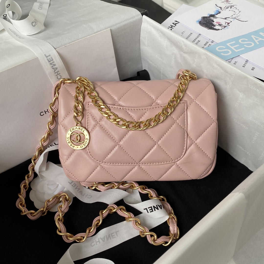 TOP CHANEL Mini Square Adjustable Coin Chain Flap Bag SS21 12x21x7 cm - Pink