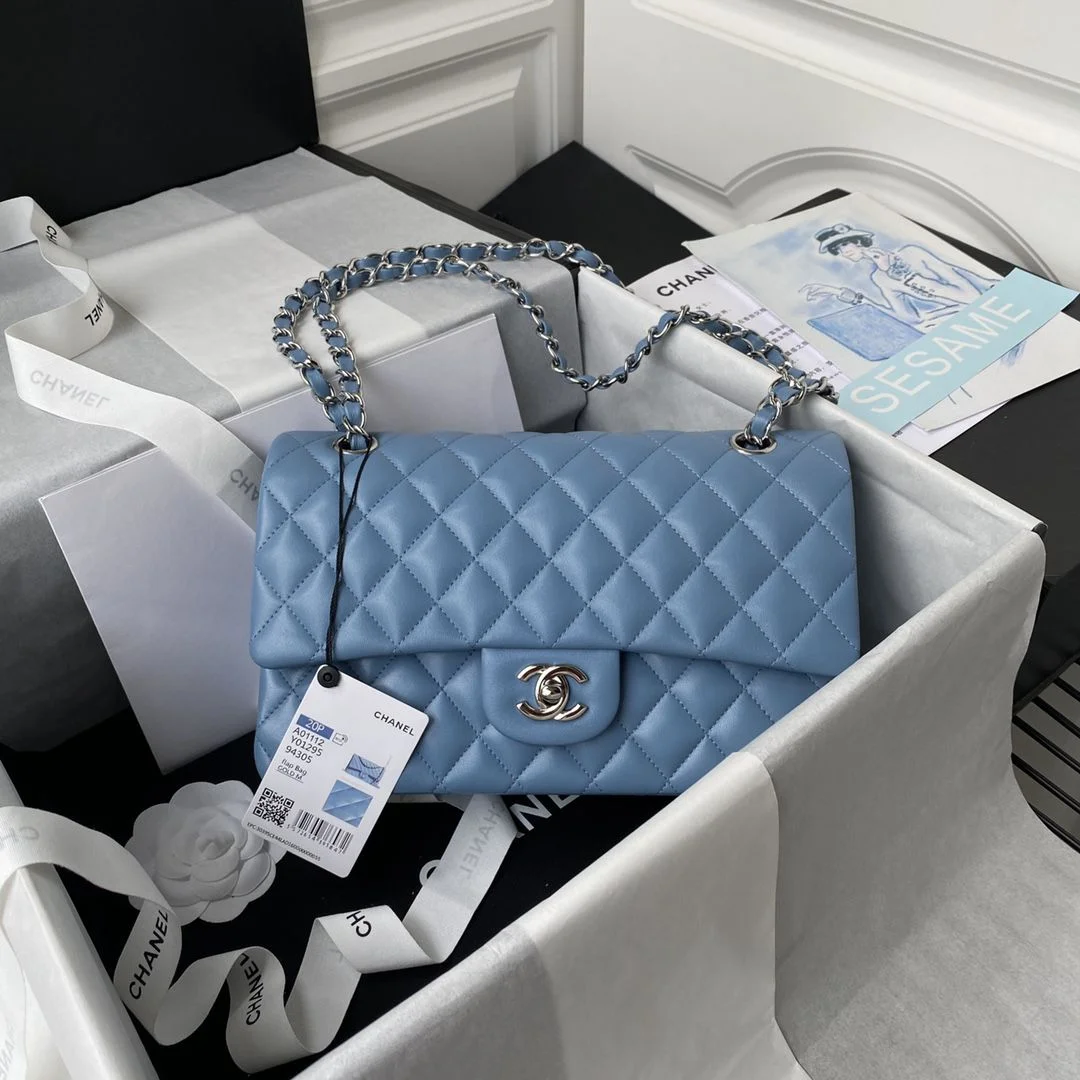 TOP CHANEL Classic Flap Bag Lambskin Medium 15.5×25.5×6.5cm – Blue & SHW