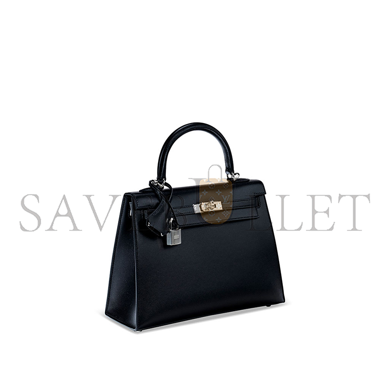 HERMÈS A BLACK TADELAKT KELLY 25 BOX WITH PALLADIUM HARDWARE (25*17*7cm)